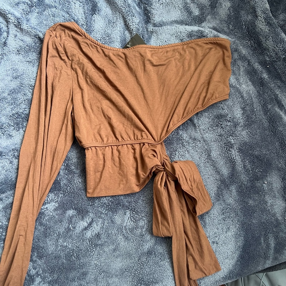 Fashion Nova One-Shoulder Tie-Front Top in Brown